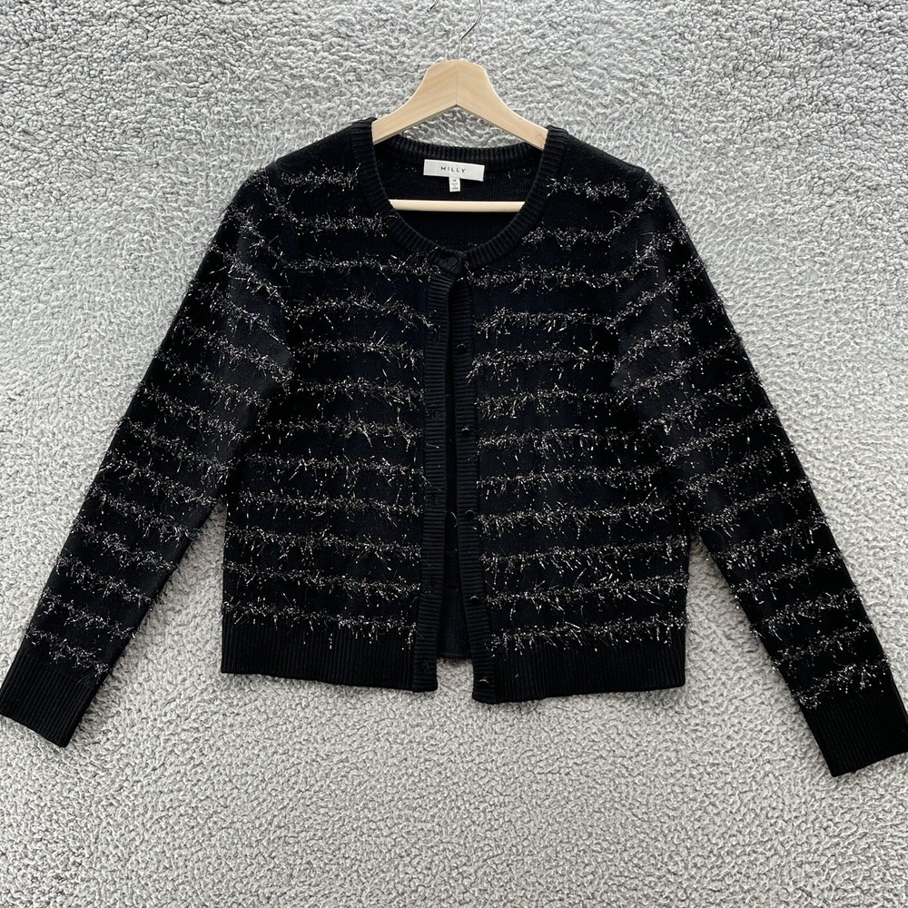 Milly Sweater Women Medium Black Merino Wool Sparkly Stripe Button Cardigan